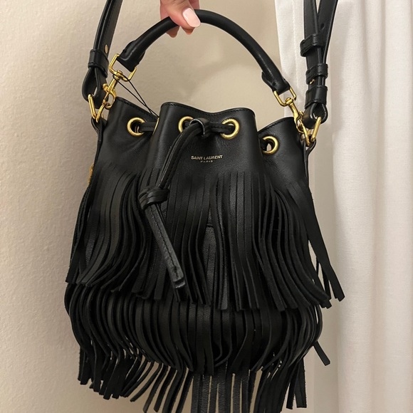 SAINT LAURENT SMALL EMMANUELLE BLACK LEATHER FRINGE BUCKET CROSSBODY BAG - Picture 8 of 13